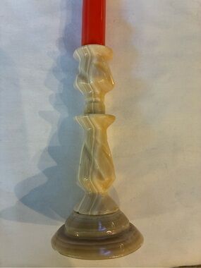Hand-Carved Beige Striped Onyx Candlestick Holder